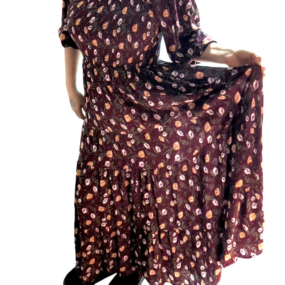 Peasant Maxi Dress Off Shoulder Yellow and Burgundy Floral Empire Waist S